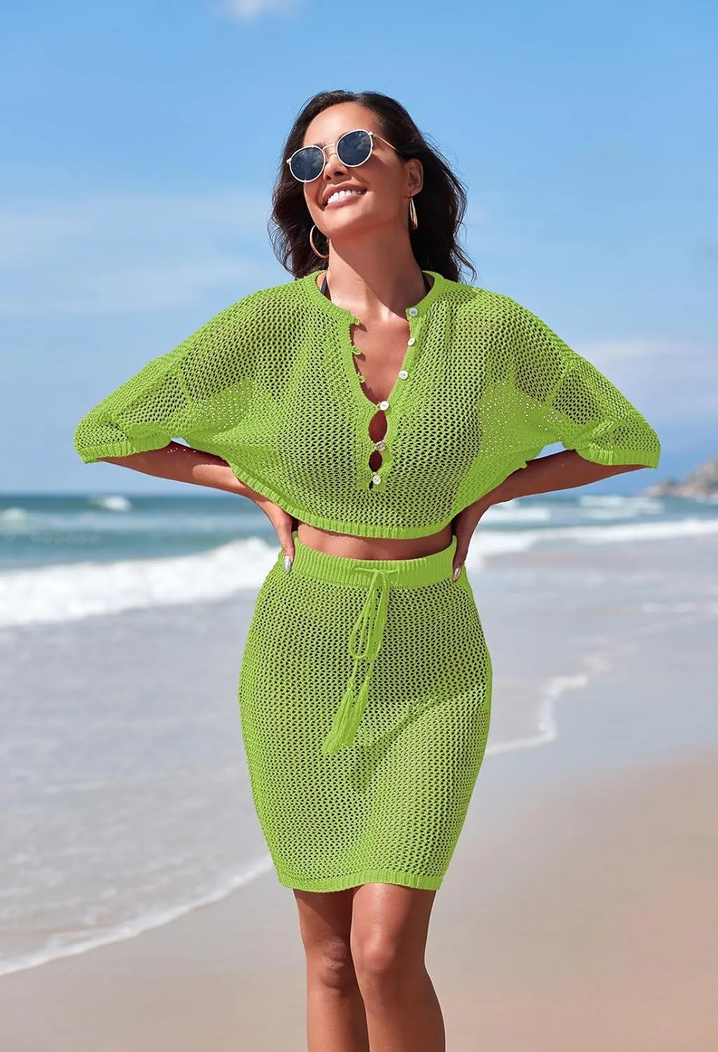 Sovoyontee Women's 2 Piece Swimsuit Coverup Crochet Hollow Out Bathing Suit Swim Beach Cover Up Crop Top Skirt Sets