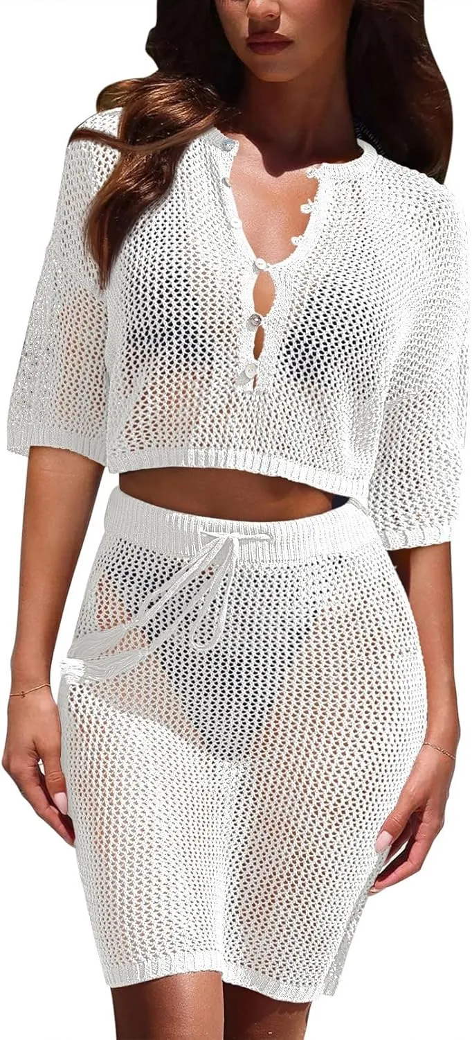 Sovoyontee Women's 2 Piece Swimsuit Coverup Crochet Hollow Out Bathing Suit Swim Beach Cover Up Crop Top Skirt Sets
