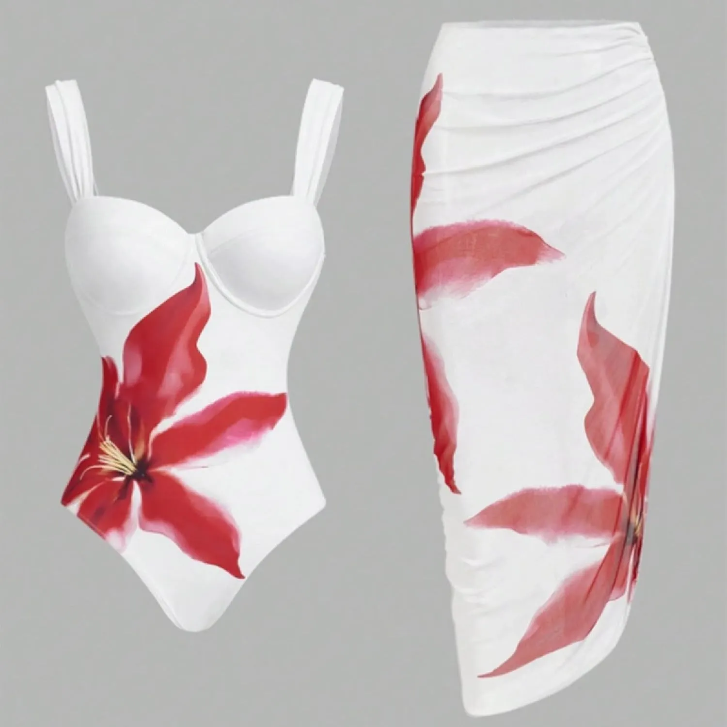 Swim Suits for Women 2025 Bathing Suit with Maxi Wrap Skirt 2 PC Floral Underwire Tummy Control One-Piece Swimsuit