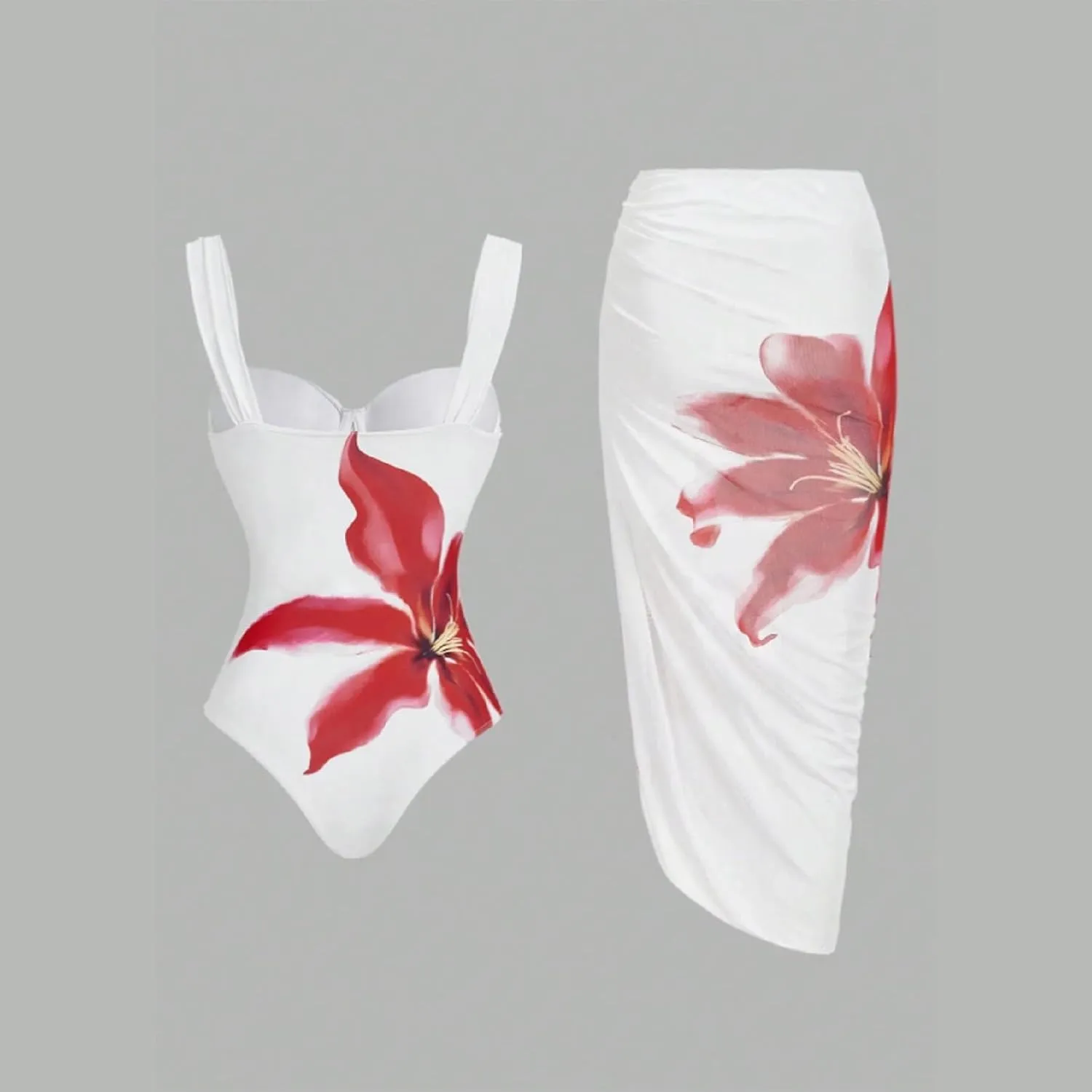 Swim Suits for Women 2025 Bathing Suit with Maxi Wrap Skirt 2 PC Floral Underwire Tummy Control One-Piece Swimsuit