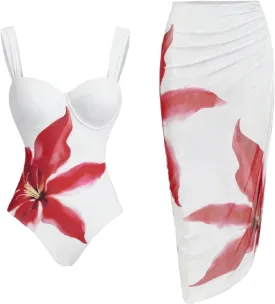 Swim Suits for Women 2025 Bathing Suit with Maxi Wrap Skirt 2 PC Floral Underwire Tummy Control One-Piece Swimsuit