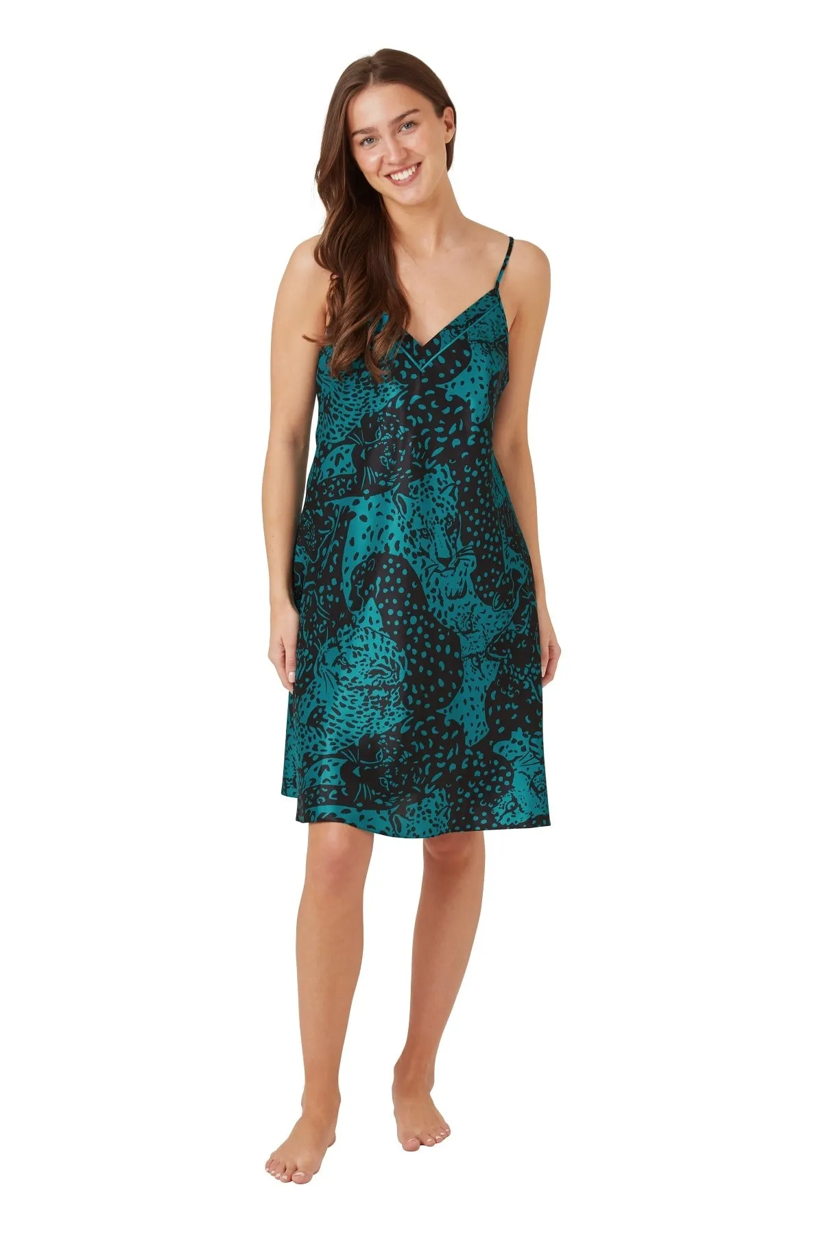 Teal Satin Oversized Cheetah Chemise Nightdress