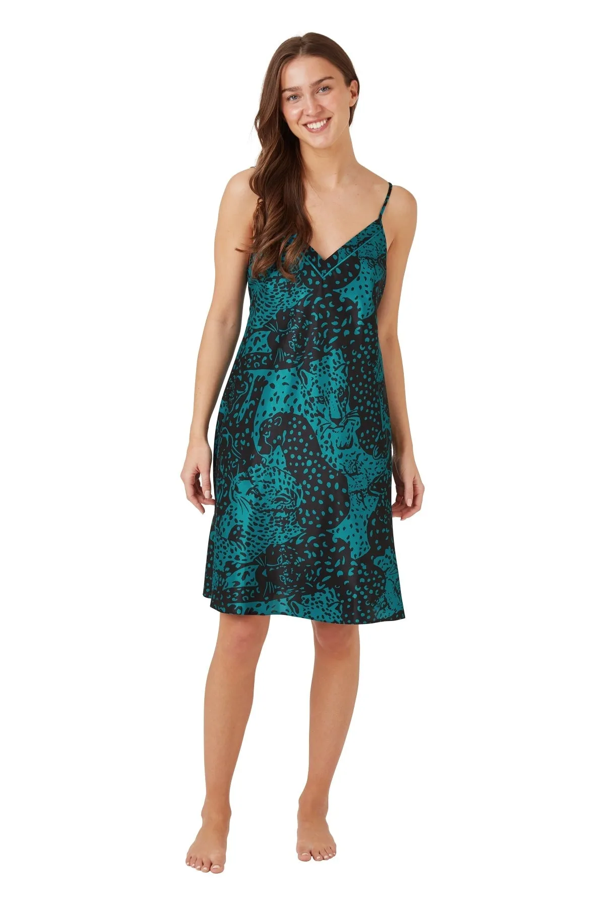 Teal Satin Oversized Cheetah Chemise Nightdress