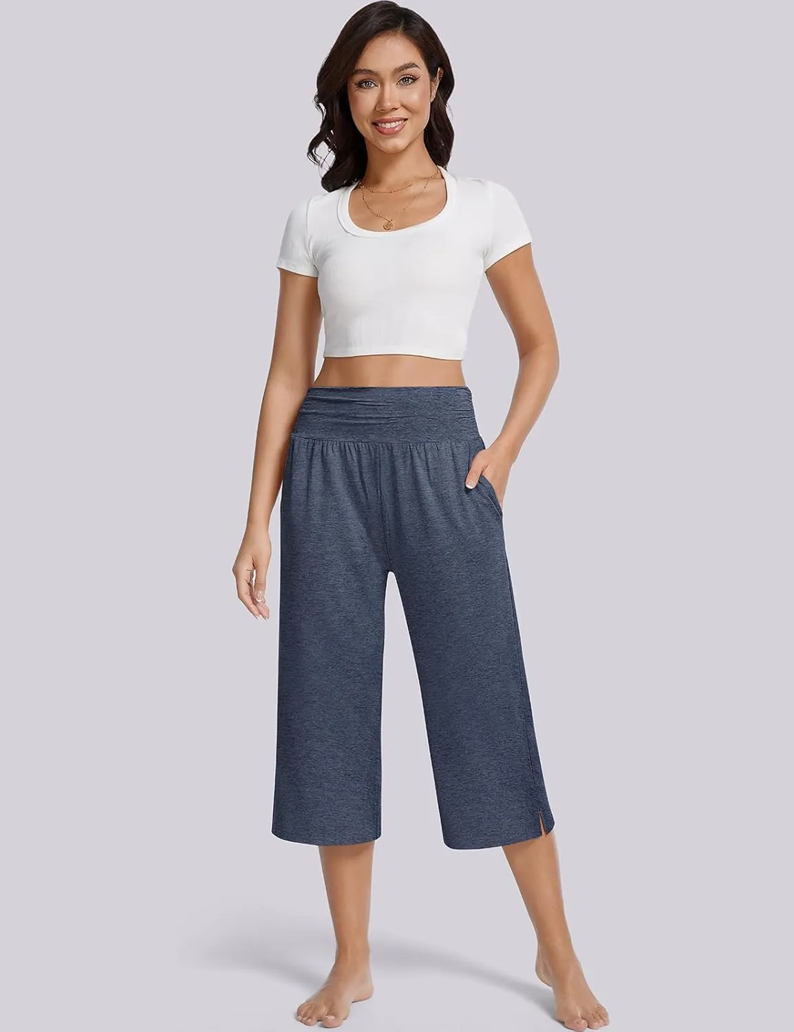 UEU Women's Summer Capris Yoga Pants for Women High Waisted Casual Wide Leg Loose Soft Pajamas with Pockets