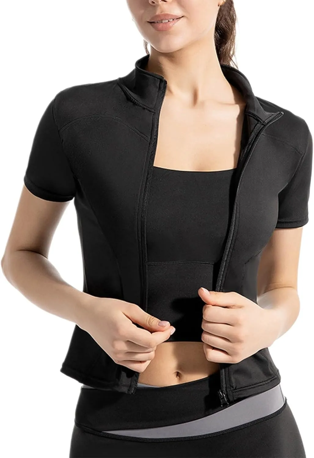 Uillui Athletic Zip Up Jacket Women UPF 50 Cropped Lightweight Workout Jacket Sports Short Sleeve Slim Fit Yoga Running Tops