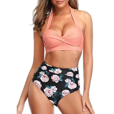 Upopby Retro Two-Piece Swimsuit Halter High Waist Bikini