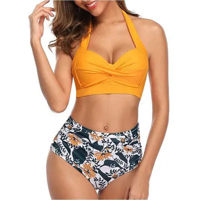 Upopby Retro Two-Piece Swimsuit Halter High Waist Bikini