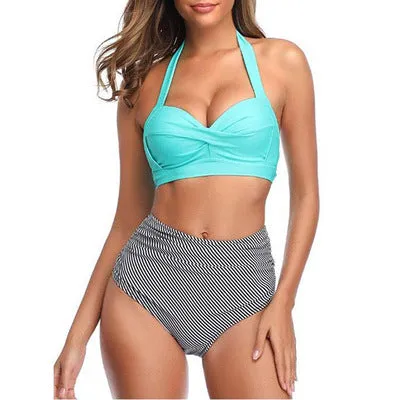 Upopby Retro Two-Piece Swimsuit Halter High Waist Bikini
