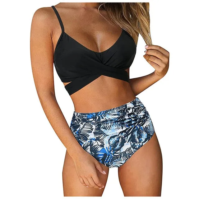Upopby Two Pieces Flower Print High Waist Swimsuit