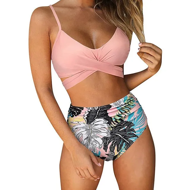 Upopby Two Pieces Flower Print High Waist Swimsuit