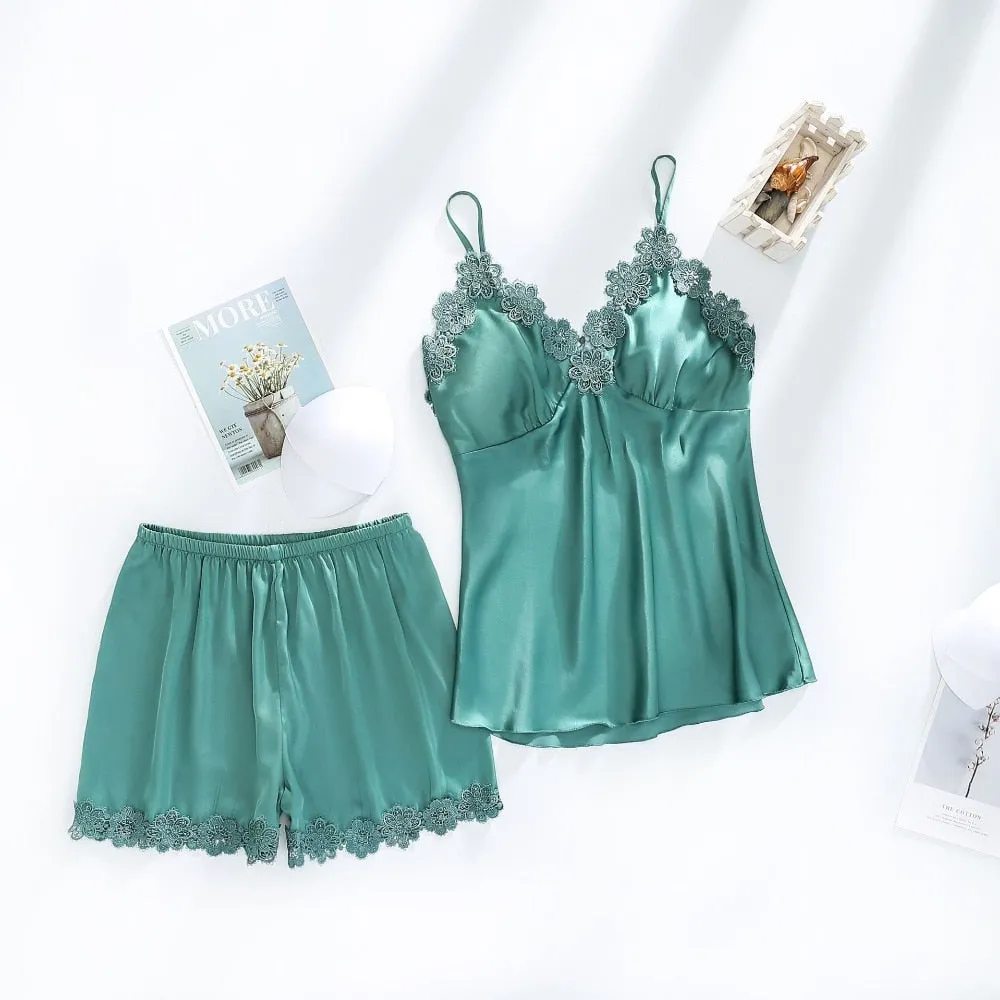 VenusFox Women Dressing Gown 5Piece Sexy Pajamas Set Lace Sling Shorts Summer Robe Sleepwear Lace Silk Satin Pajamas Set for Women