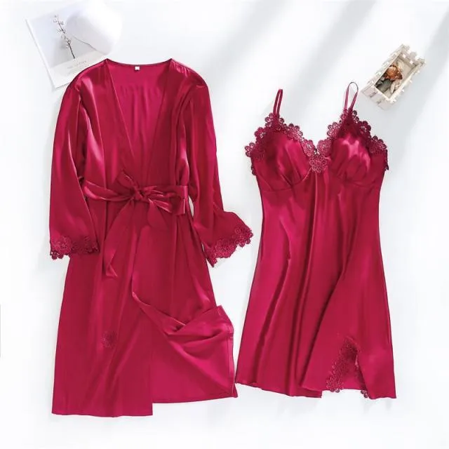 VenusFox Women Dressing Gown 5Piece Sexy Pajamas Set Lace Sling Shorts Summer Robe Sleepwear Lace Silk Satin Pajamas Set for Women