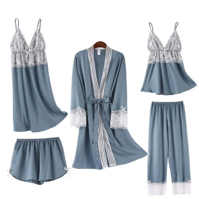 VenusFox Women Dressing Gown 5Piece Sexy Pajamas Set Lace Sling Shorts Summer Robe Sleepwear Lace Silk Satin Pajamas Set for Women