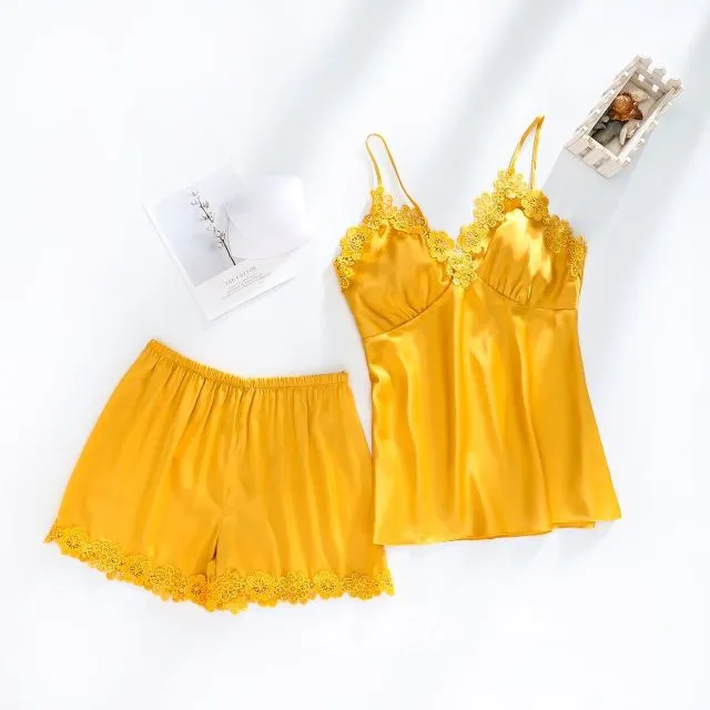 VenusFox Women Dressing Gown 5Piece Sexy Pajamas Set Lace Sling Shorts Summer Robe Sleepwear Lace Silk Satin Pajamas Set for Women