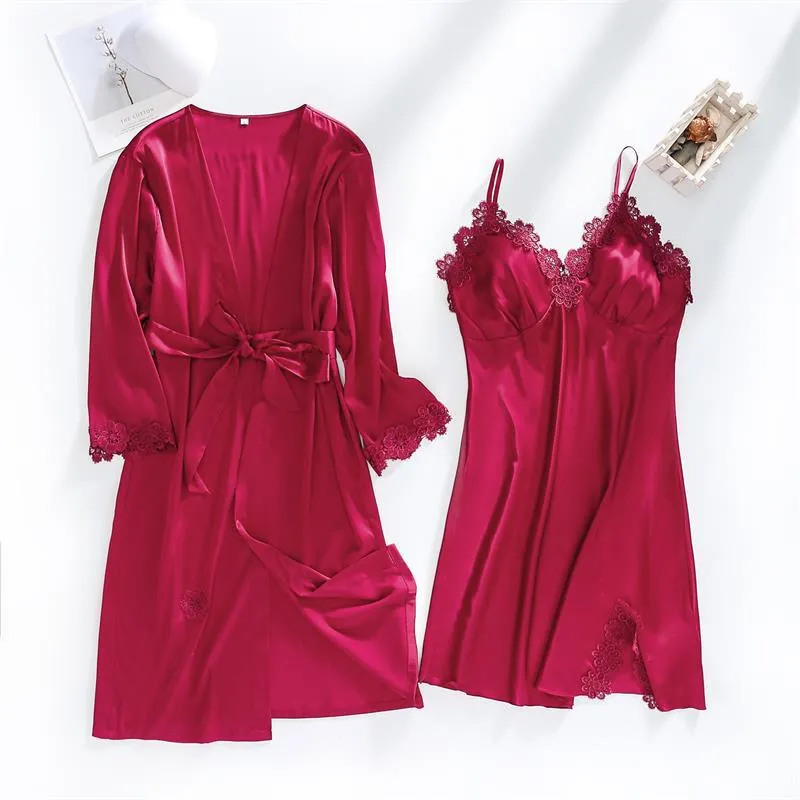 VenusFox Women Dressing Gown 5Piece Sexy Pajamas Set Lace Sling Shorts Summer Robe Sleepwear Lace Silk Satin Pajamas Set for Women