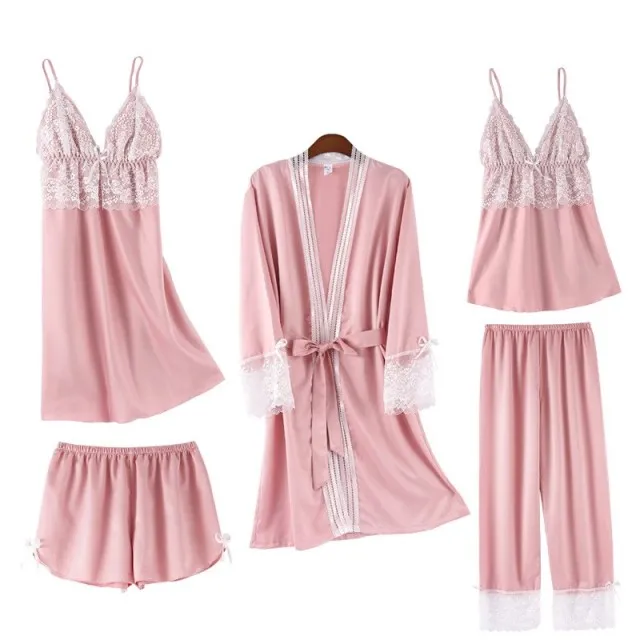 VenusFox Women Dressing Gown 5Piece Sexy Pajamas Set Lace Sling Shorts Summer Robe Sleepwear Lace Silk Satin Pajamas Set for Women