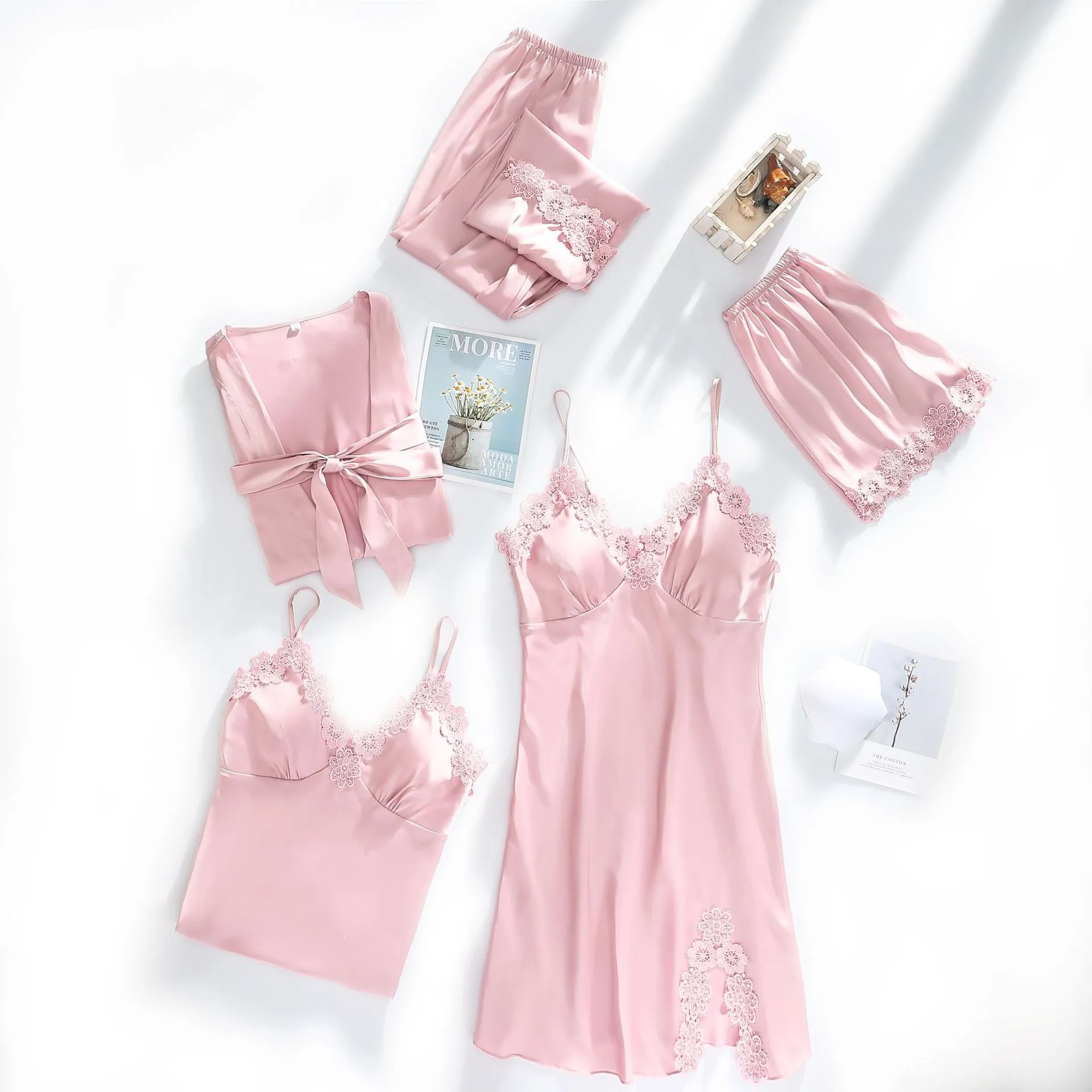 VenusFox Women Dressing Gown 5Piece Sexy Pajamas Set Lace Sling Shorts Summer Robe Sleepwear Lace Silk Satin Pajamas Set for Women