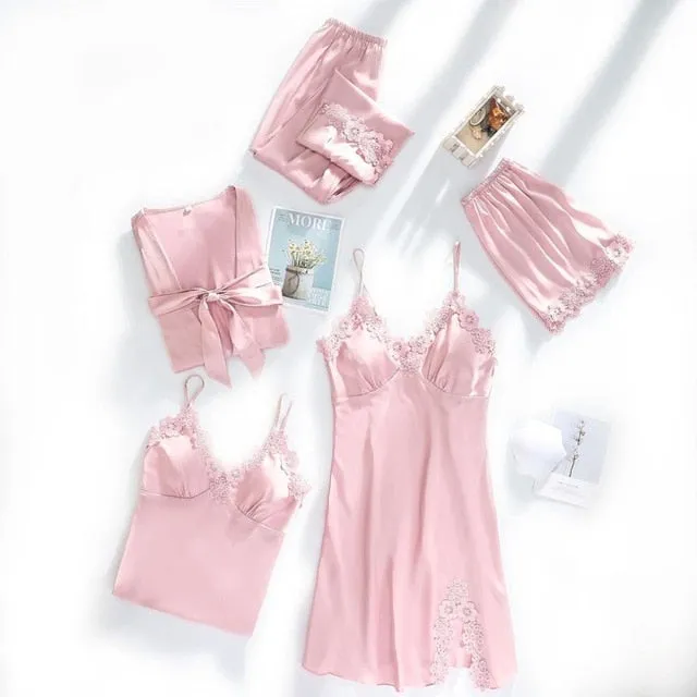 VenusFox Women Dressing Gown 5Piece Sexy Pajamas Set Lace Sling Shorts Summer Robe Sleepwear Lace Silk Satin Pajamas Set for Women