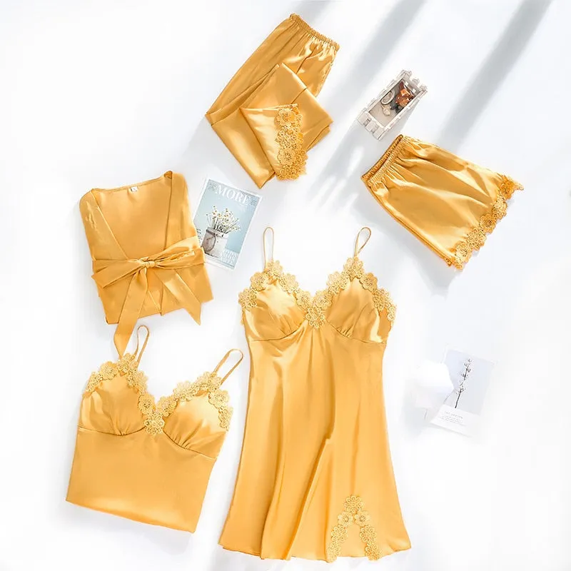 VenusFox Women Dressing Gown 5Piece Sexy Pajamas Set Lace Sling Shorts Summer Robe Sleepwear Lace Silk Satin Pajamas Set for Women