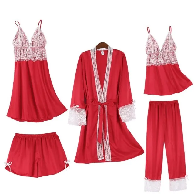 VenusFox Women Dressing Gown 5Piece Sexy Pajamas Set Lace Sling Shorts Summer Robe Sleepwear Lace Silk Satin Pajamas Set for Women