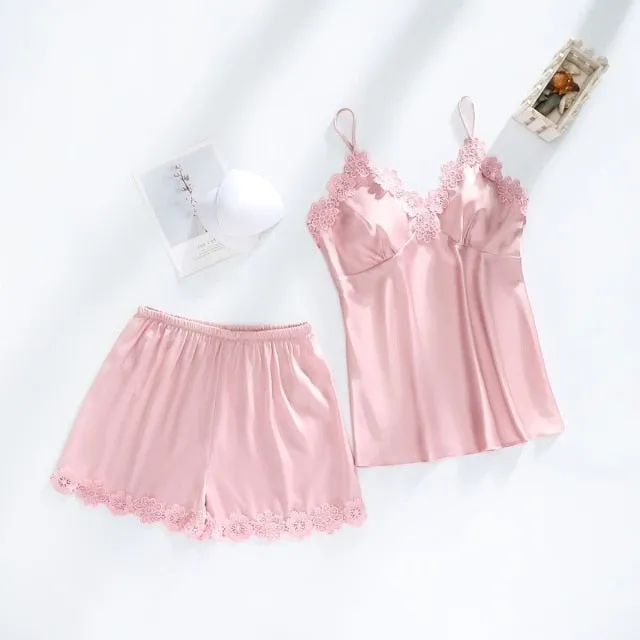VenusFox Women Dressing Gown 5Piece Sexy Pajamas Set Lace Sling Shorts Summer Robe Sleepwear Lace Silk Satin Pajamas Set for Women