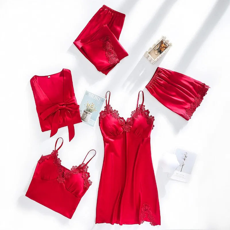 VenusFox Women Dressing Gown 5Piece Sexy Pajamas Set Lace Sling Shorts Summer Robe Sleepwear Lace Silk Satin Pajamas Set for Women