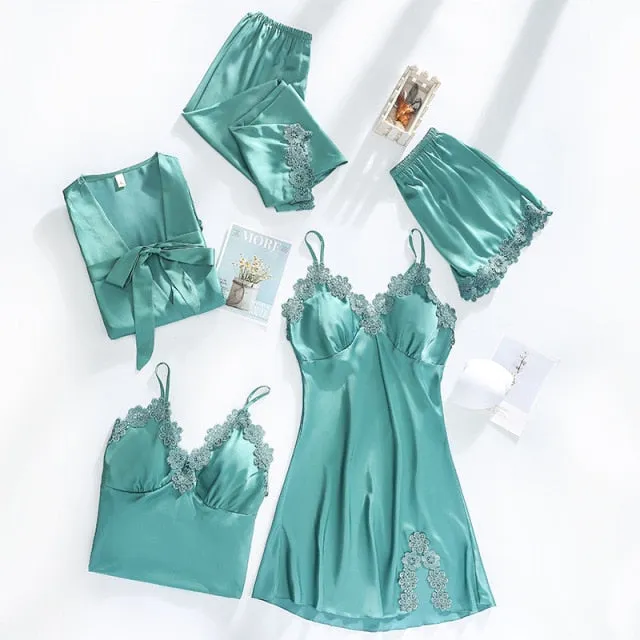 VenusFox Women Dressing Gown 5Piece Sexy Pajamas Set Lace Sling Shorts Summer Robe Sleepwear Lace Silk Satin Pajamas Set for Women