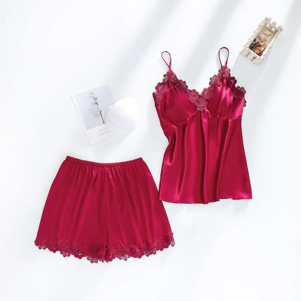 VenusFox Women Dressing Gown 5Piece Sexy Pajamas Set Lace Sling Shorts Summer Robe Sleepwear Lace Silk Satin Pajamas Set for Women