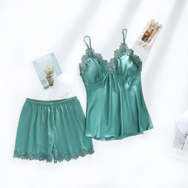 VenusFox Women Dressing Gown 5Piece Sexy Pajamas Set Lace Sling Shorts Summer Robe Sleepwear Lace Silk Satin Pajamas Set for Women