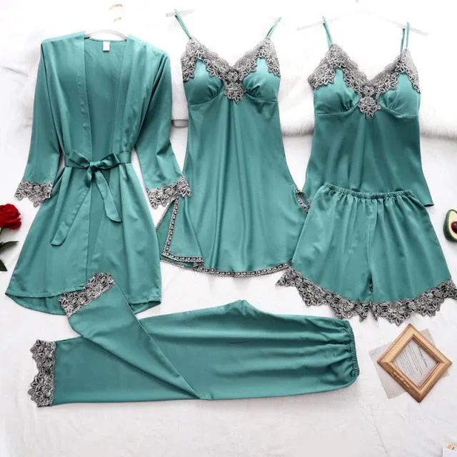 VenusFox Women Dressing Gown 5Piece Sexy Pajamas Set Lace Sling Shorts Summer Robe Sleepwear Lace Silk Satin Pajamas Set for Women