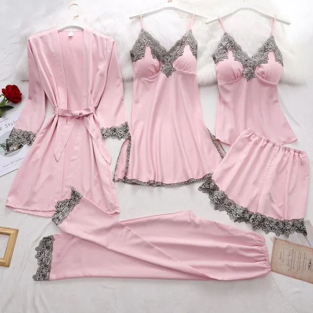 VenusFox Women Dressing Gown 5Piece Sexy Pajamas Set Lace Sling Shorts Summer Robe Sleepwear Lace Silk Satin Pajamas Set for Women