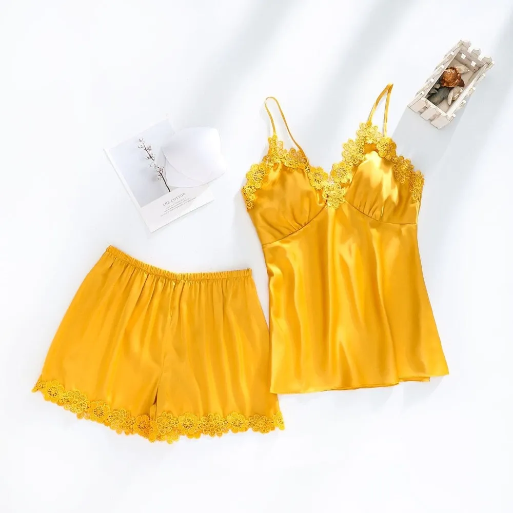 VenusFox Women Dressing Gown 5Piece Sexy Pajamas Set Lace Sling Shorts Summer Robe Sleepwear Lace Silk Satin Pajamas Set for Women