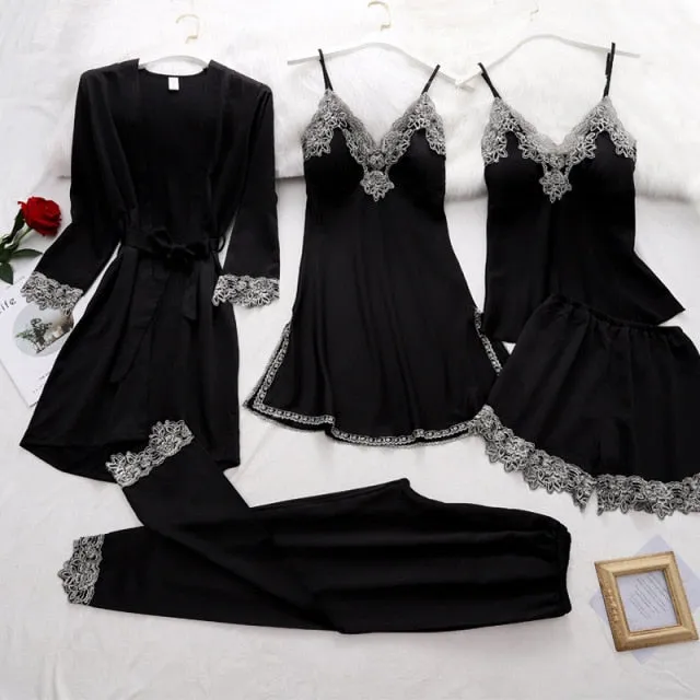VenusFox Women Dressing Gown 5Piece Sexy Pajamas Set Lace Sling Shorts Summer Robe Sleepwear Lace Silk Satin Pajamas Set for Women