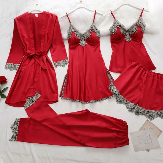 VenusFox Women Dressing Gown 5Piece Sexy Pajamas Set Lace Sling Shorts Summer Robe Sleepwear Lace Silk Satin Pajamas Set for Women