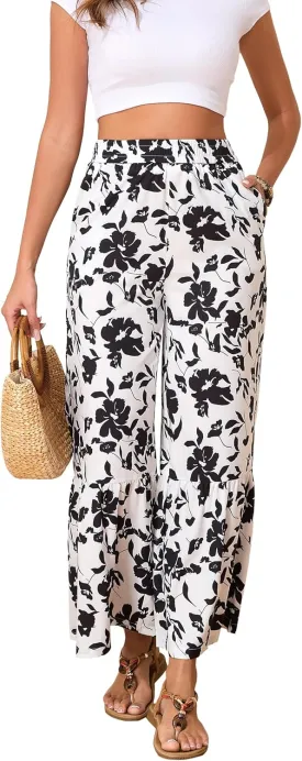 Wide Leg Pants for Women Elastic High Waisted Floral Trousers Beach Summer Casual with Pockets Lounge Palazzo Pants