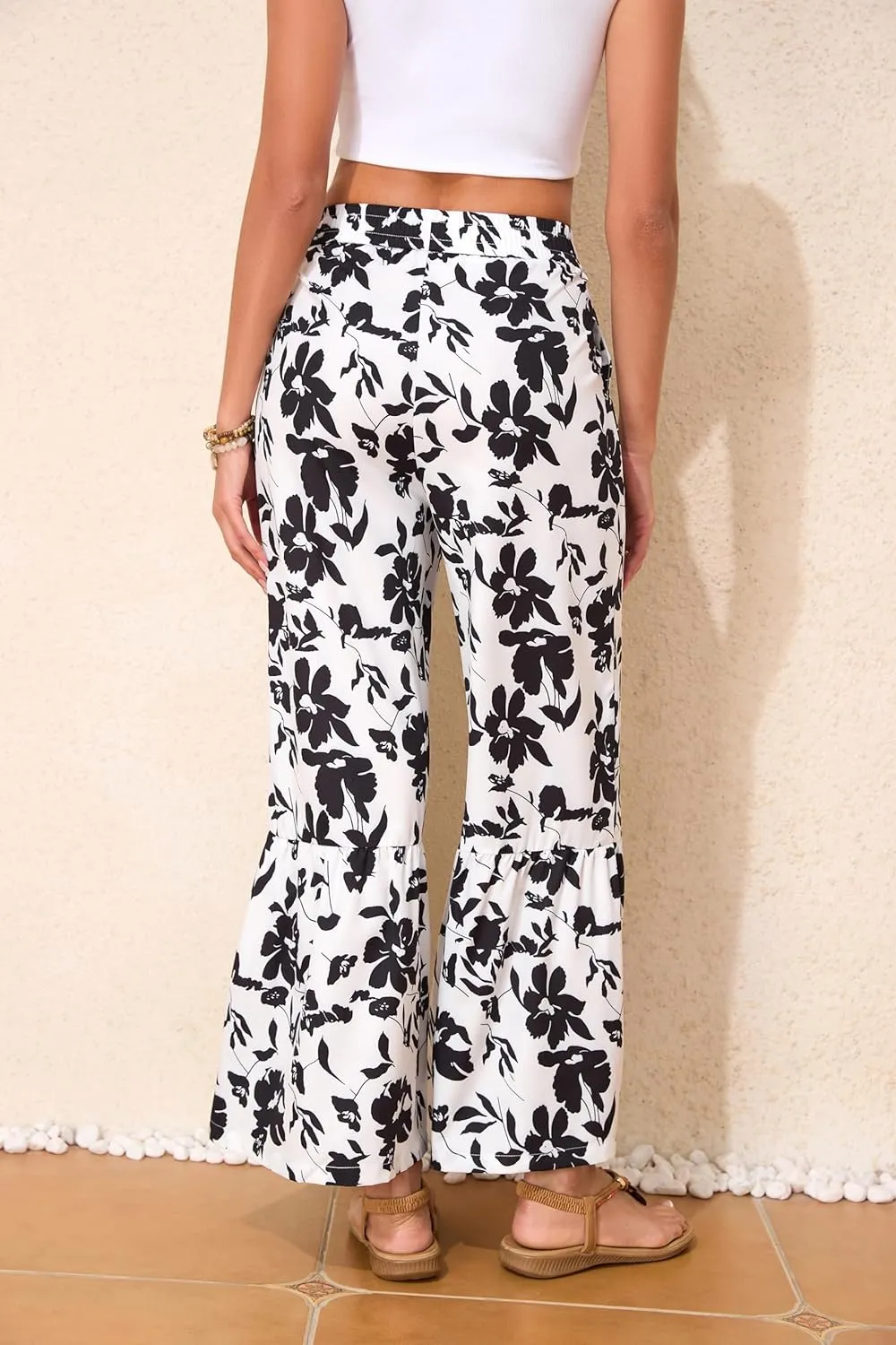 Wide Leg Pants for Women Elastic High Waisted Floral Trousers Beach Summer Casual with Pockets Lounge Palazzo Pants