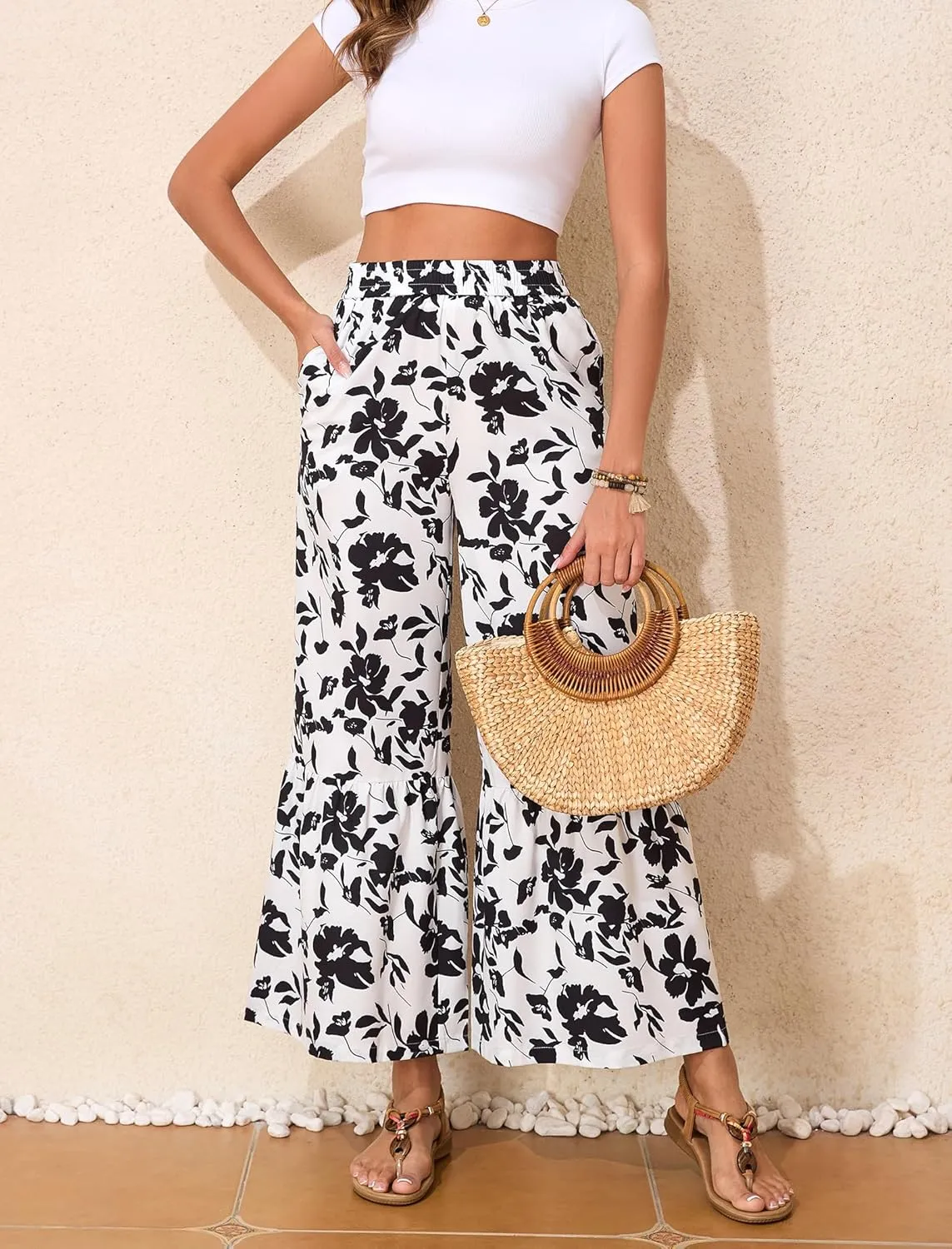 Wide Leg Pants for Women Elastic High Waisted Floral Trousers Beach Summer Casual with Pockets Lounge Palazzo Pants