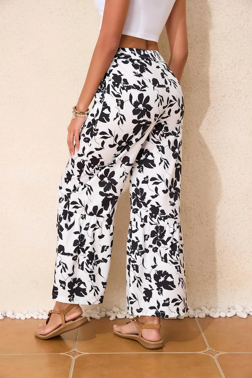Wide Leg Pants for Women Elastic High Waisted Floral Trousers Beach Summer Casual with Pockets Lounge Palazzo Pants