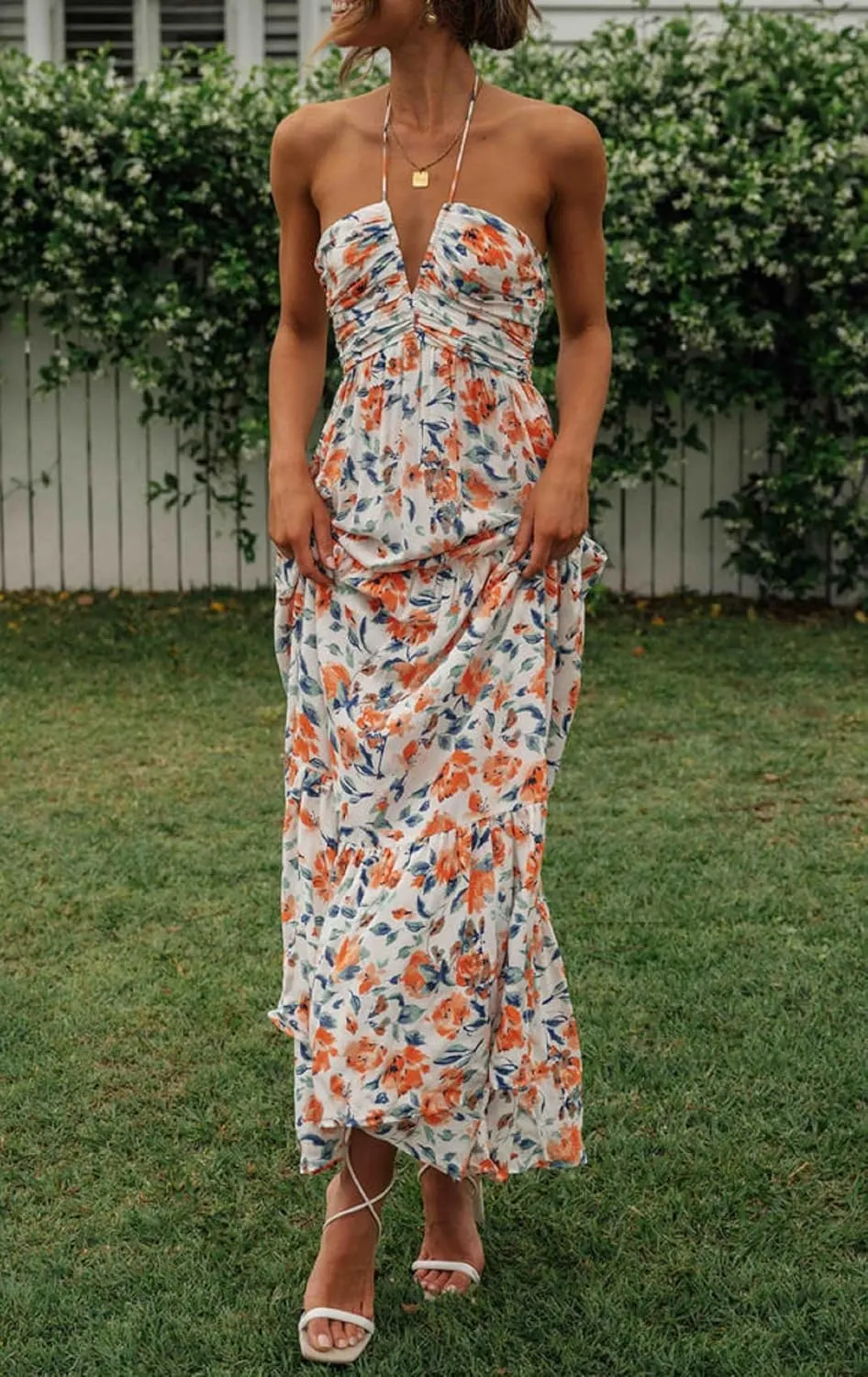 Women Halter Neck Maxi Dress Floral Flowy Backless Long Dress Y2K Low Cut Ruffle Sleeveless Sundress Beachwear