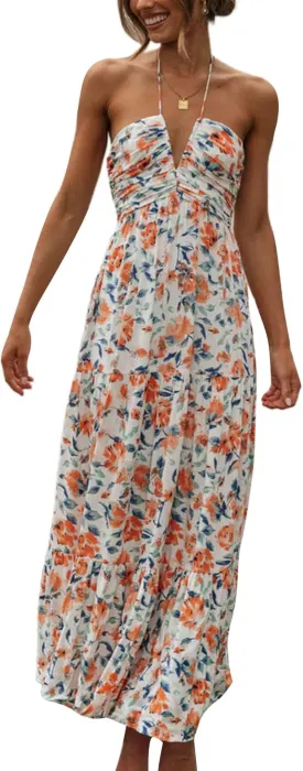 Women Halter Neck Maxi Dress Floral Flowy Backless Long Dress Y2K Low Cut Ruffle Sleeveless Sundress Beachwear