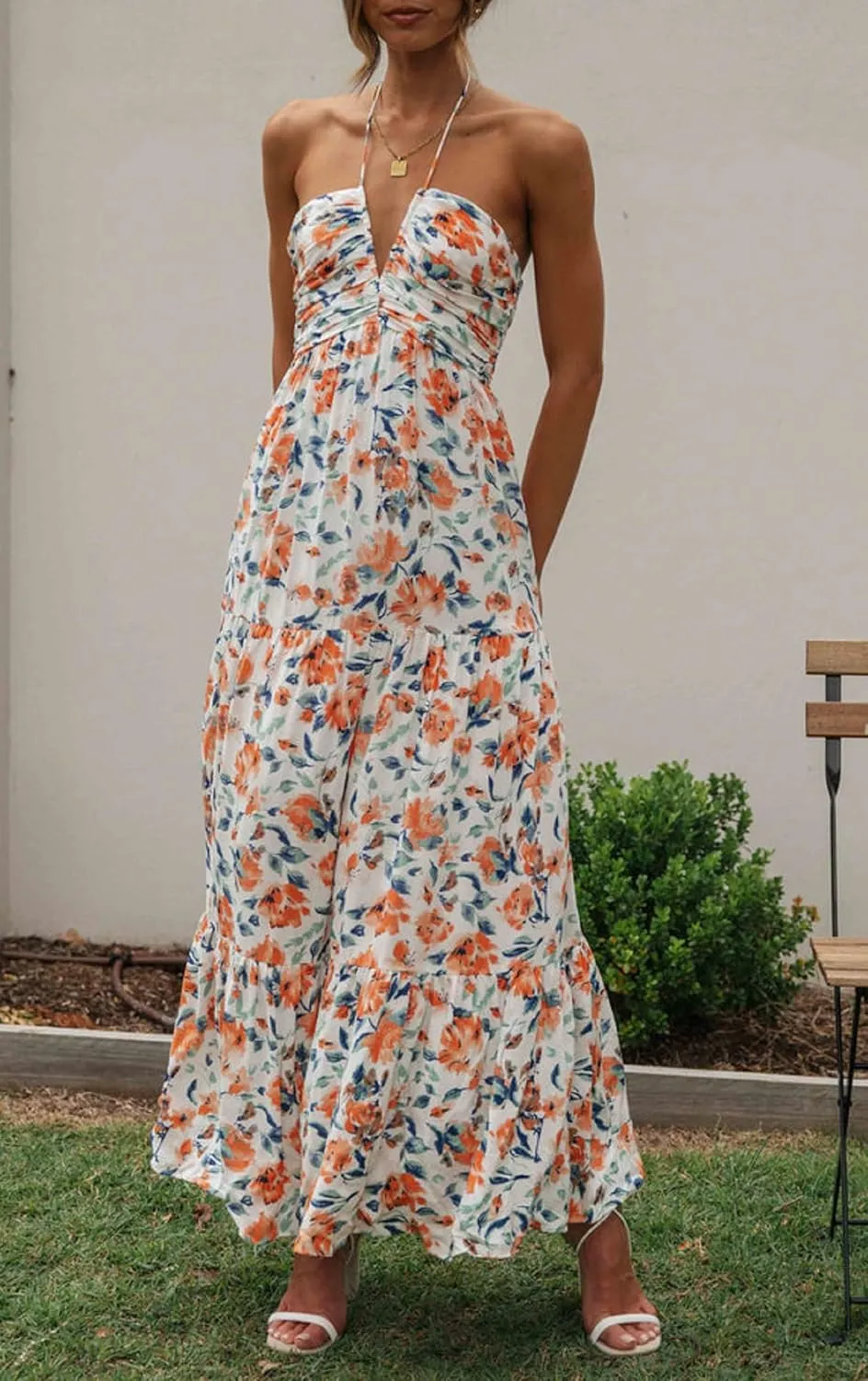 Women Halter Neck Maxi Dress Floral Flowy Backless Long Dress Y2K Low Cut Ruffle Sleeveless Sundress Beachwear