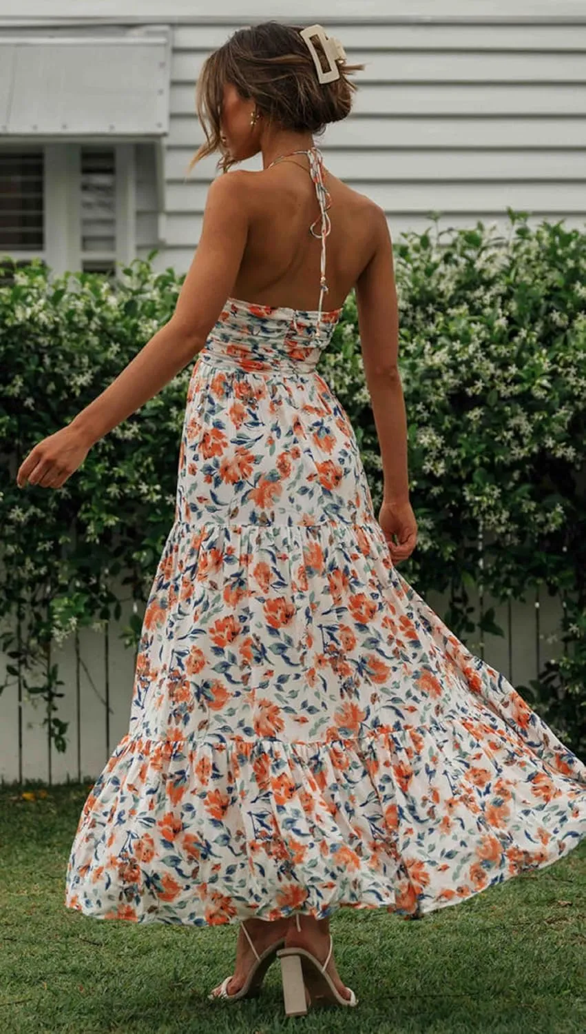 Women Halter Neck Maxi Dress Floral Flowy Backless Long Dress Y2K Low Cut Ruffle Sleeveless Sundress Beachwear