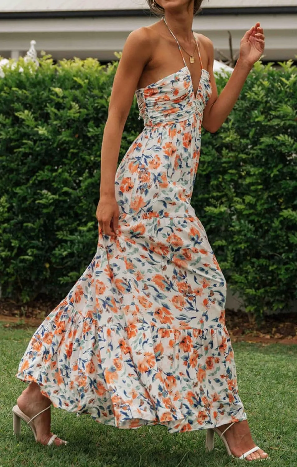 Women Halter Neck Maxi Dress Floral Flowy Backless Long Dress Y2K Low Cut Ruffle Sleeveless Sundress Beachwear