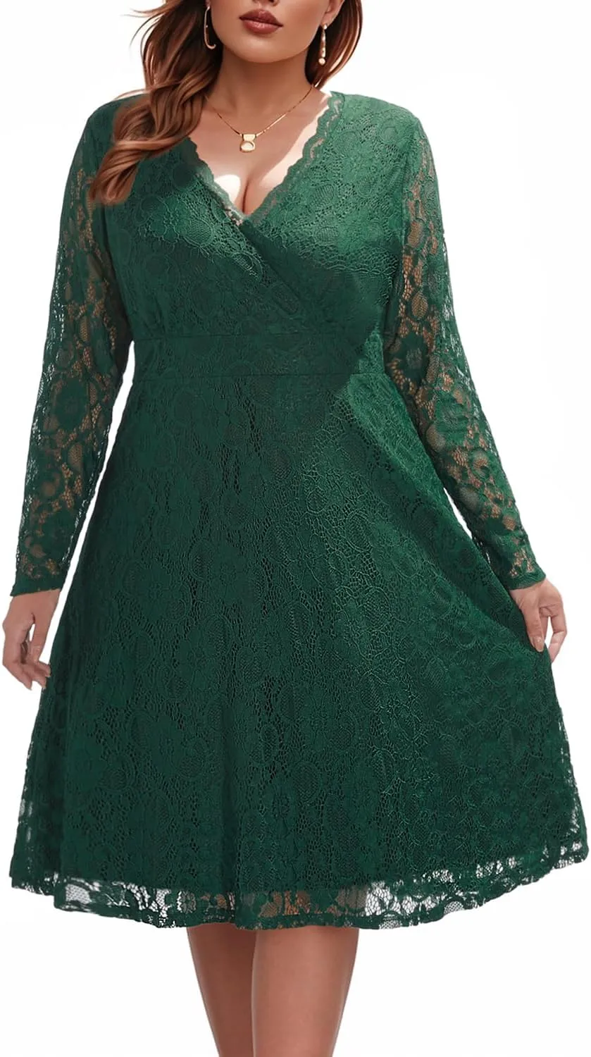 Women Plus Size Wedding Guest Dresses Cocktail Black Wrap Lace Fall Formal Long Sleeve Knee Length Evening Party Dress