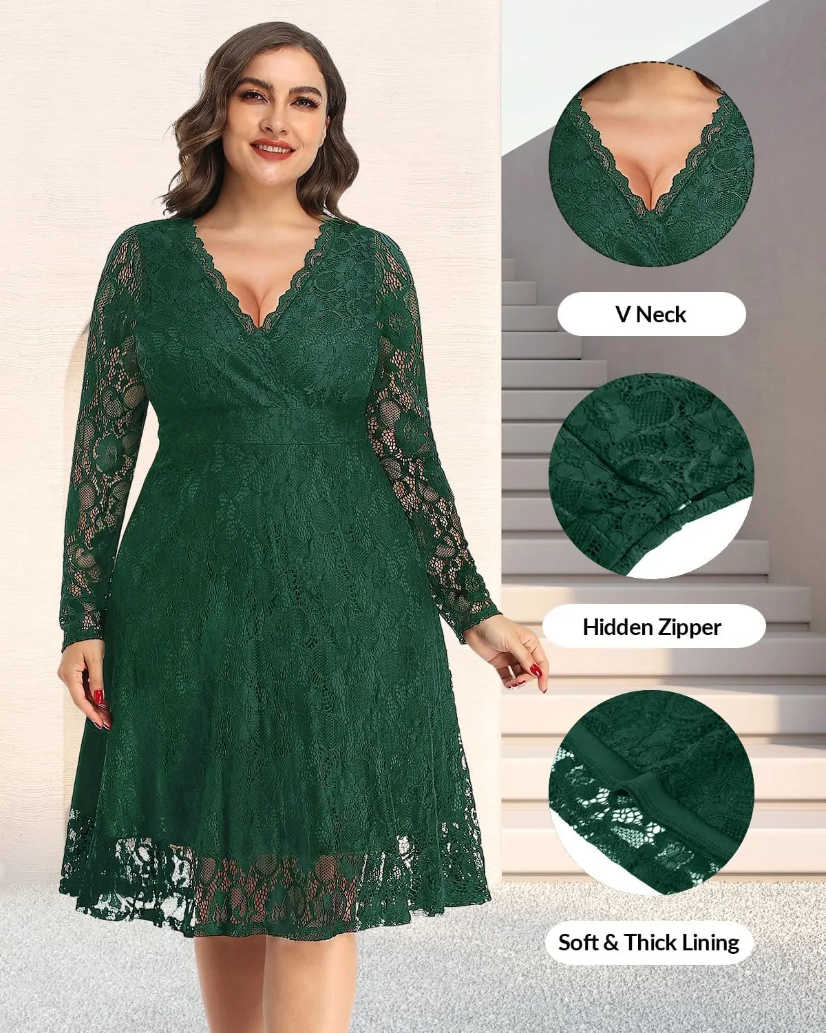 Women Plus Size Wedding Guest Dresses Cocktail Black Wrap Lace Fall Formal Long Sleeve Knee Length Evening Party Dress