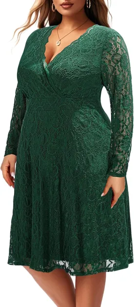 Women Plus Size Wedding Guest Dresses Cocktail Black Wrap Lace Fall Formal Long Sleeve Knee Length Evening Party Dress