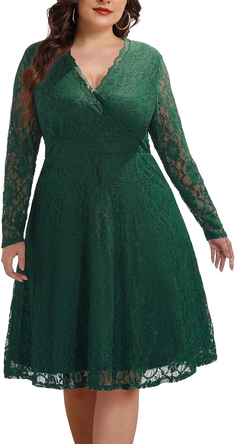 Women Plus Size Wedding Guest Dresses Cocktail Black Wrap Lace Fall Formal Long Sleeve Knee Length Evening Party Dress
