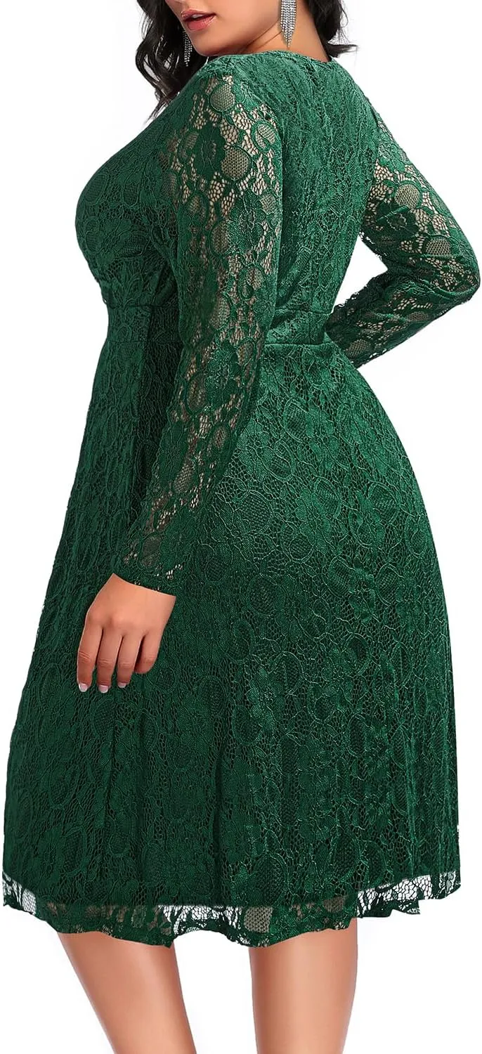 Women Plus Size Wedding Guest Dresses Cocktail Black Wrap Lace Fall Formal Long Sleeve Knee Length Evening Party Dress