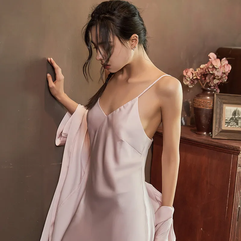 Women Sexy Solid Color Ice Silk Nightgown Sling Dress Two-Piece Set 2132
