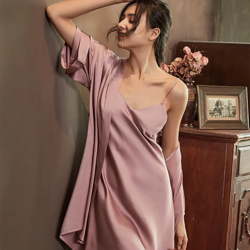 Women Sexy Solid Color Ice Silk Nightgown Sling Dress Two-Piece Set 2132